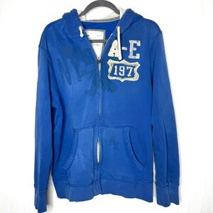 American Eagle Mens Y2K Embroidered Full Zip Sweatshirt L Hood Thick Distressed